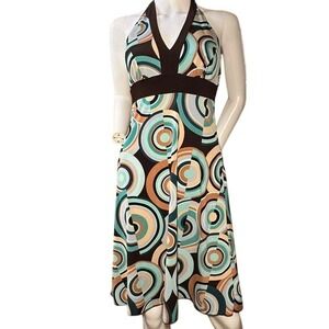 Retro Geometric 70s Rival En Focus Studio y2k Midi Dress M Teal Brown